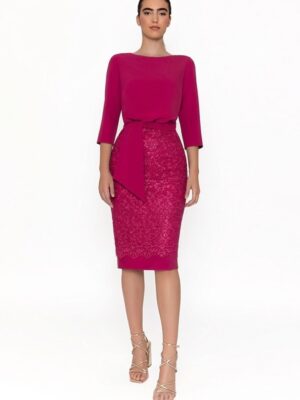 Vestido combinado encaje floral fucsia