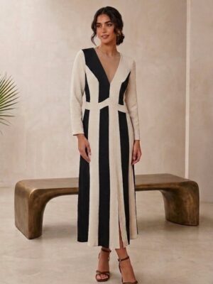 Vestido franjas beige y negro