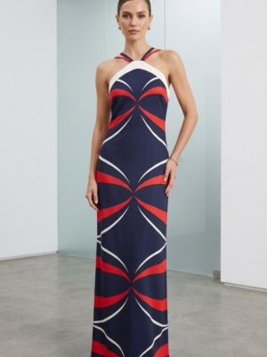 Vestido halter estampado líneas azul marino