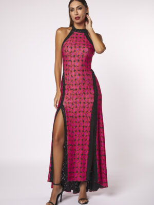 Vestido largo punto calado estampado ovalos naranja y fucsia