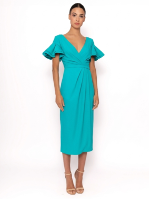 Vestido mangas volantes y escote cruzado verde agua