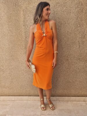 Vestido atado al cuello detalle hebilla escote naranja