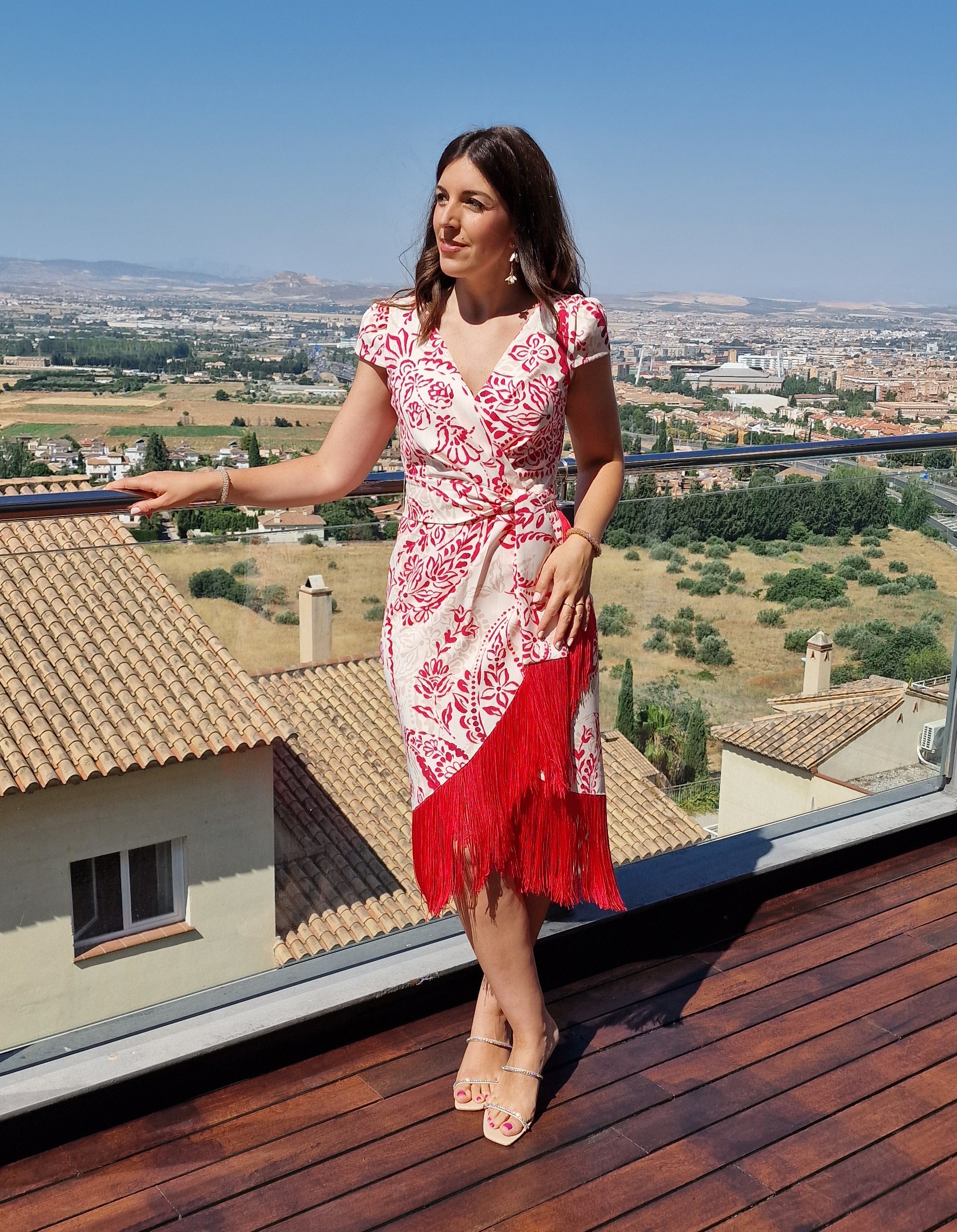 Vestido cruzado bajo flecos manga corta estampado - Imagen 2