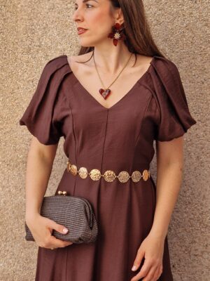 Vestido mangas abullonadas efecto lino