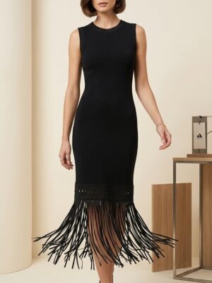 Vestido punto bajo flecos negro