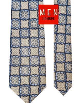 Corbata beige cuadrados florales celestes