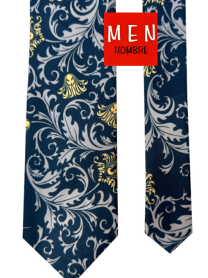 Corbata azul marino floral beige y amarillo