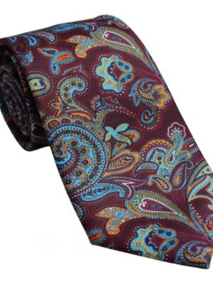 Corbata burdeos cachemir azul, naranja y verde
