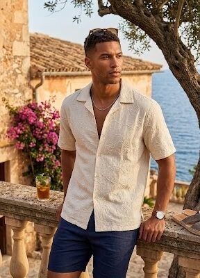 Camisa manga corta lino flores bordadas