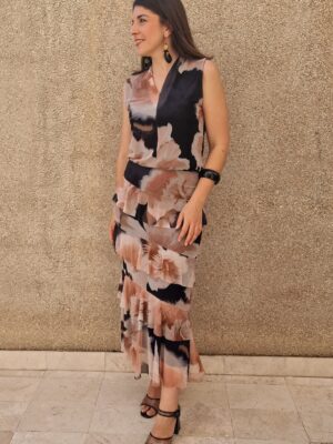 Conjunto top y falda punto red negro y beige