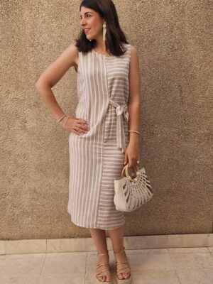 Vestido rayas verticales y horizontales beige