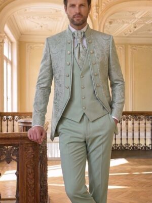 Traje ceremonia cuello mao tejido damasco menta
