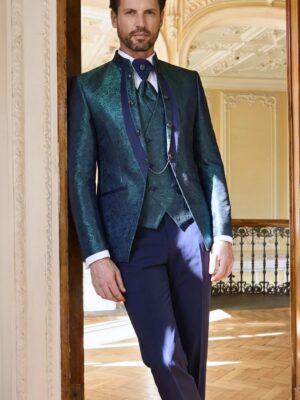 Traje ceremonia cuello mao verde océano