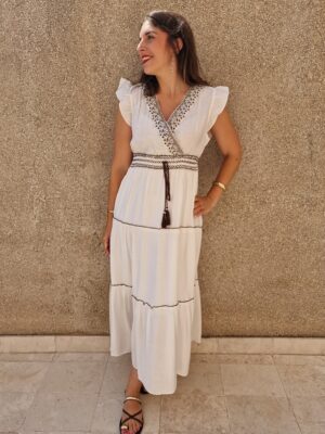 Vestido volantes detalle abalorios blanco y marrón