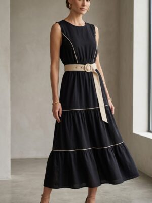 Vestido volantes negro detalles vivos beiges