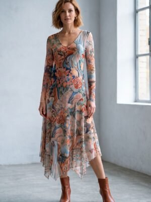 Vestido mesh estampado bajo asimétrico