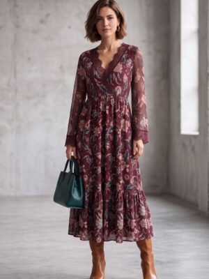 Vestido estampado floral detalles encaje escote y puños