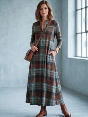 Vestido estampado cuadros verde agua y marrón