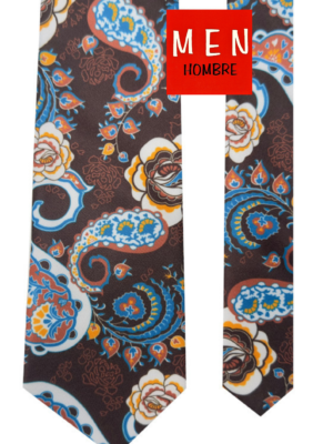 Corbata marrón flores naranjas y azules
