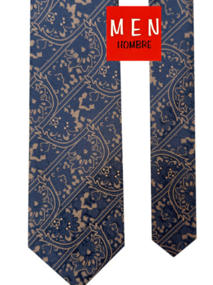 Corbata azul marino flores beige tostado