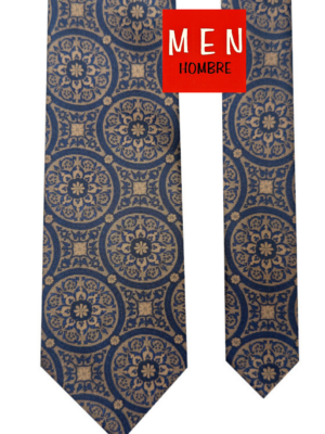 Corbata azul marino círculos florales beige