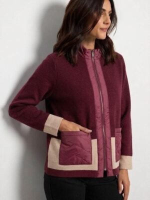 Chaqueta punto bolsillos acolchados bicolor burdeos