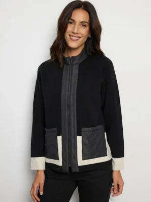 Chaqueta punto bolsillos acolchados bicolor negra
