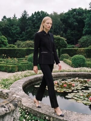 Traje burdeos detalle pespuntes blancos